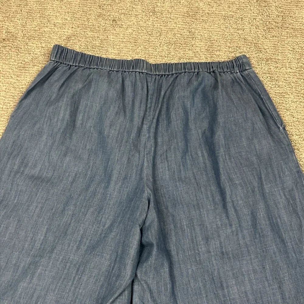J Crew Wide Leg Pants Women 14 Washed Chambray Blue Crop Pockets Stretch Beach
